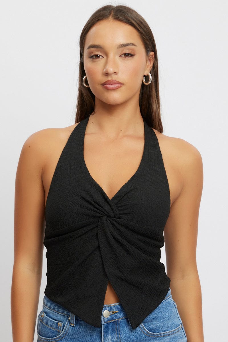 Black Halter Neck Top Textured for Ally Fashion