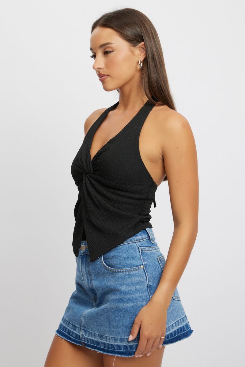 Black Halter Neck Top Textured for Ally Fashion