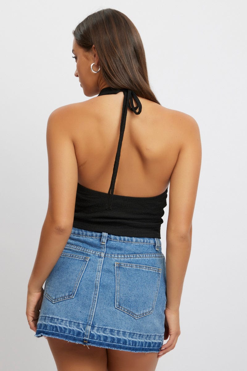 Black Halter Neck Top Textured for Ally Fashion