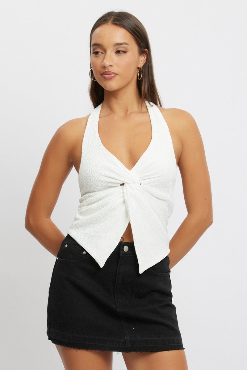 White Halter Neck Top Textured for Ally Fashion