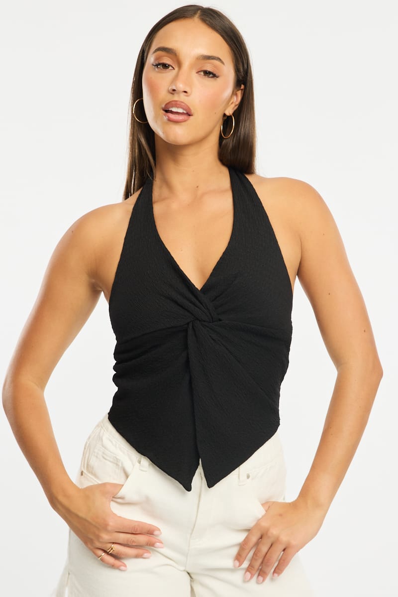 Black Halter Neck Top Textured for Ally Fashion