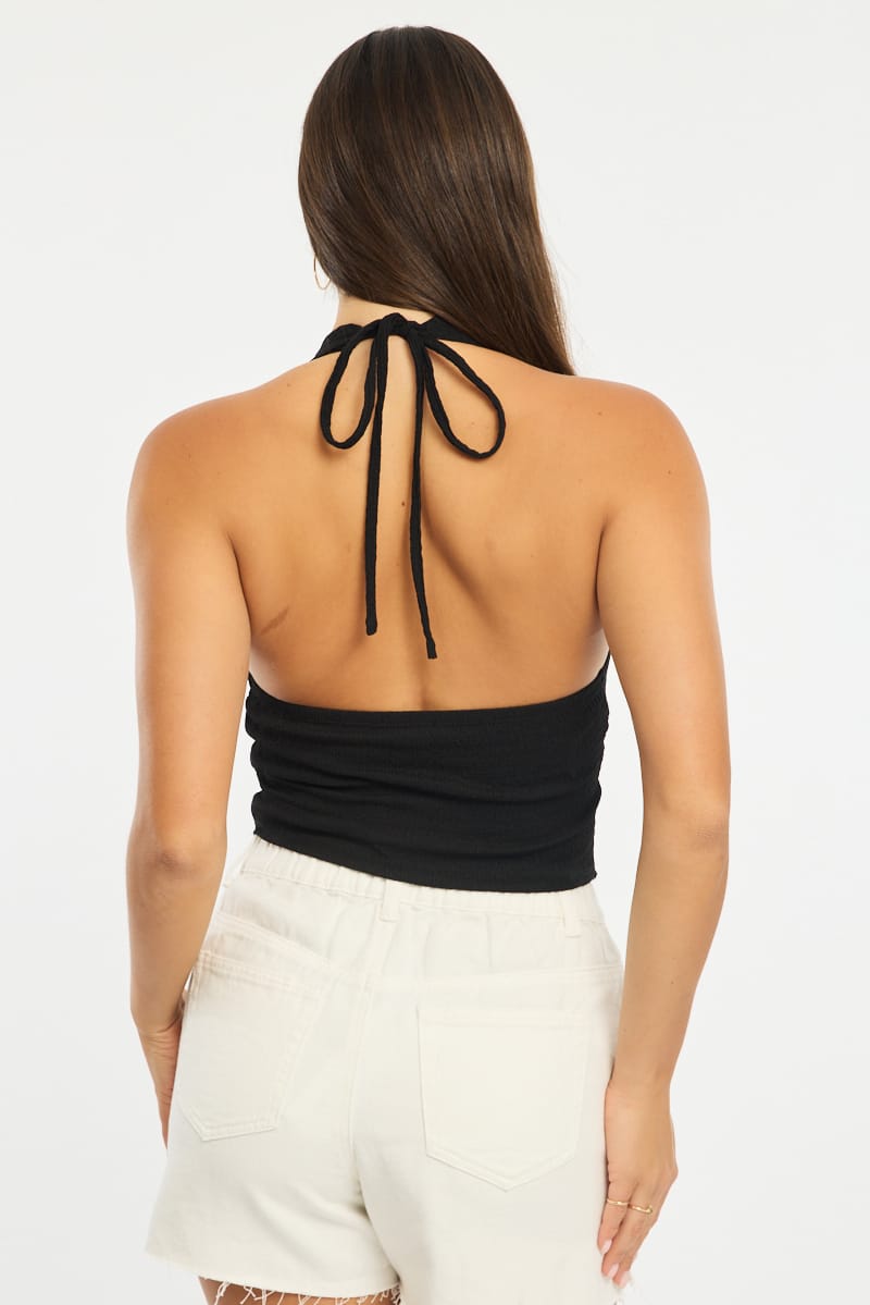 Black Halter Neck Top Textured for Ally Fashion