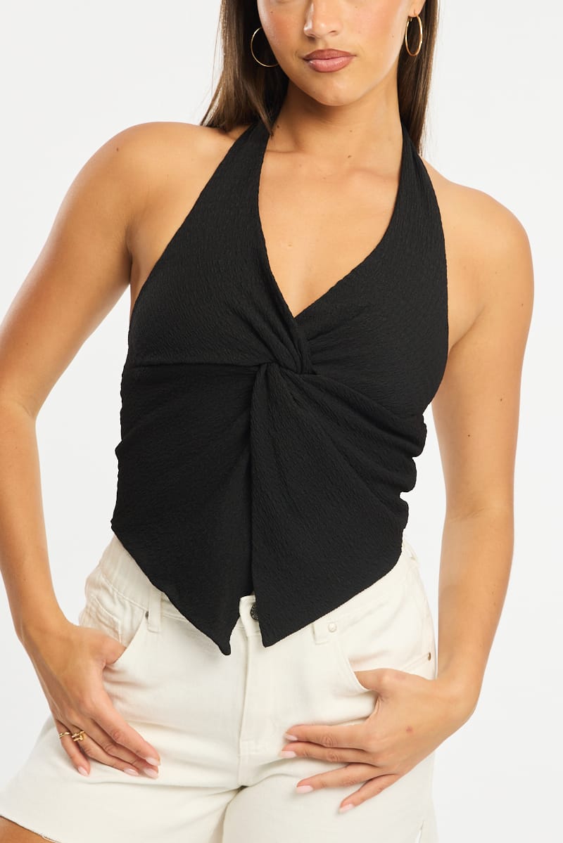 Black Halter Neck Top Textured for Ally Fashion