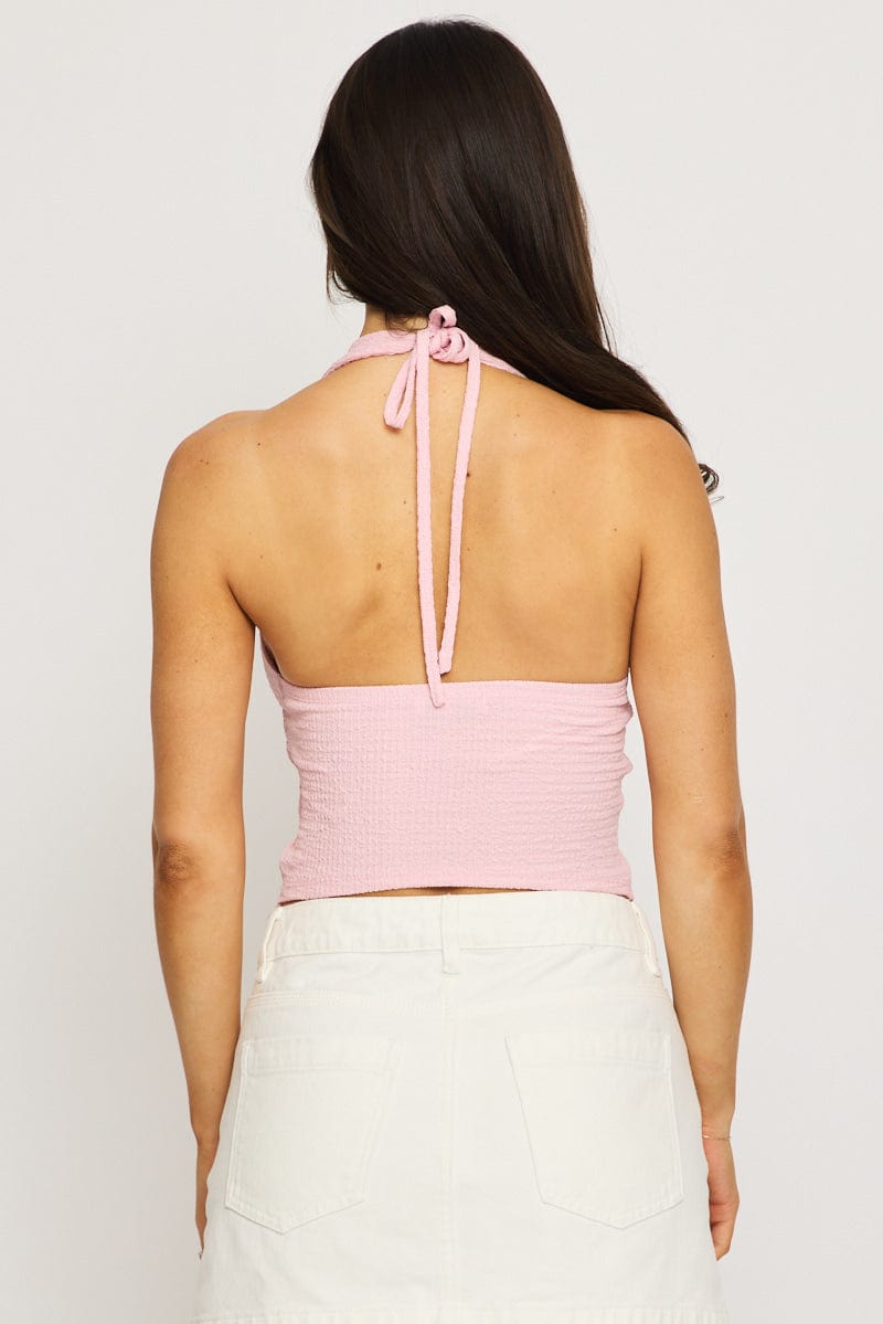 Pink Halter Neck Top Textured for Ally Fashion