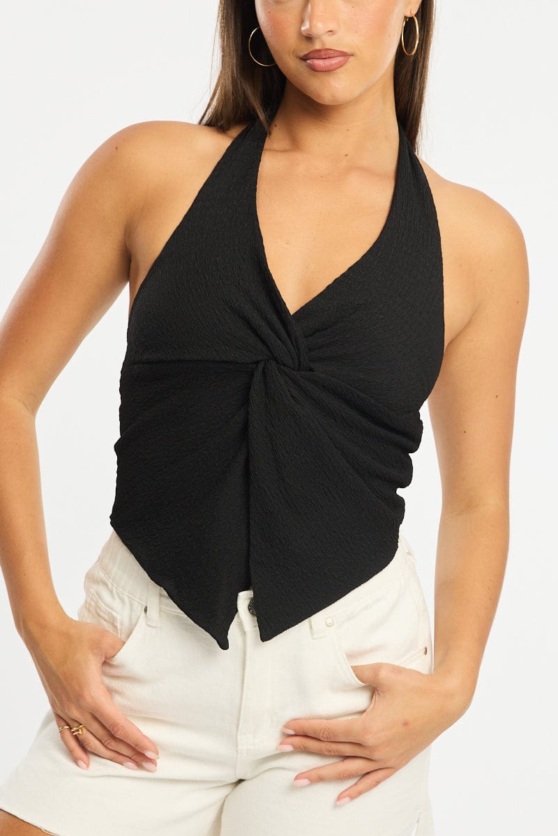 Black Halter Neck Top Textured for Ally Fashion