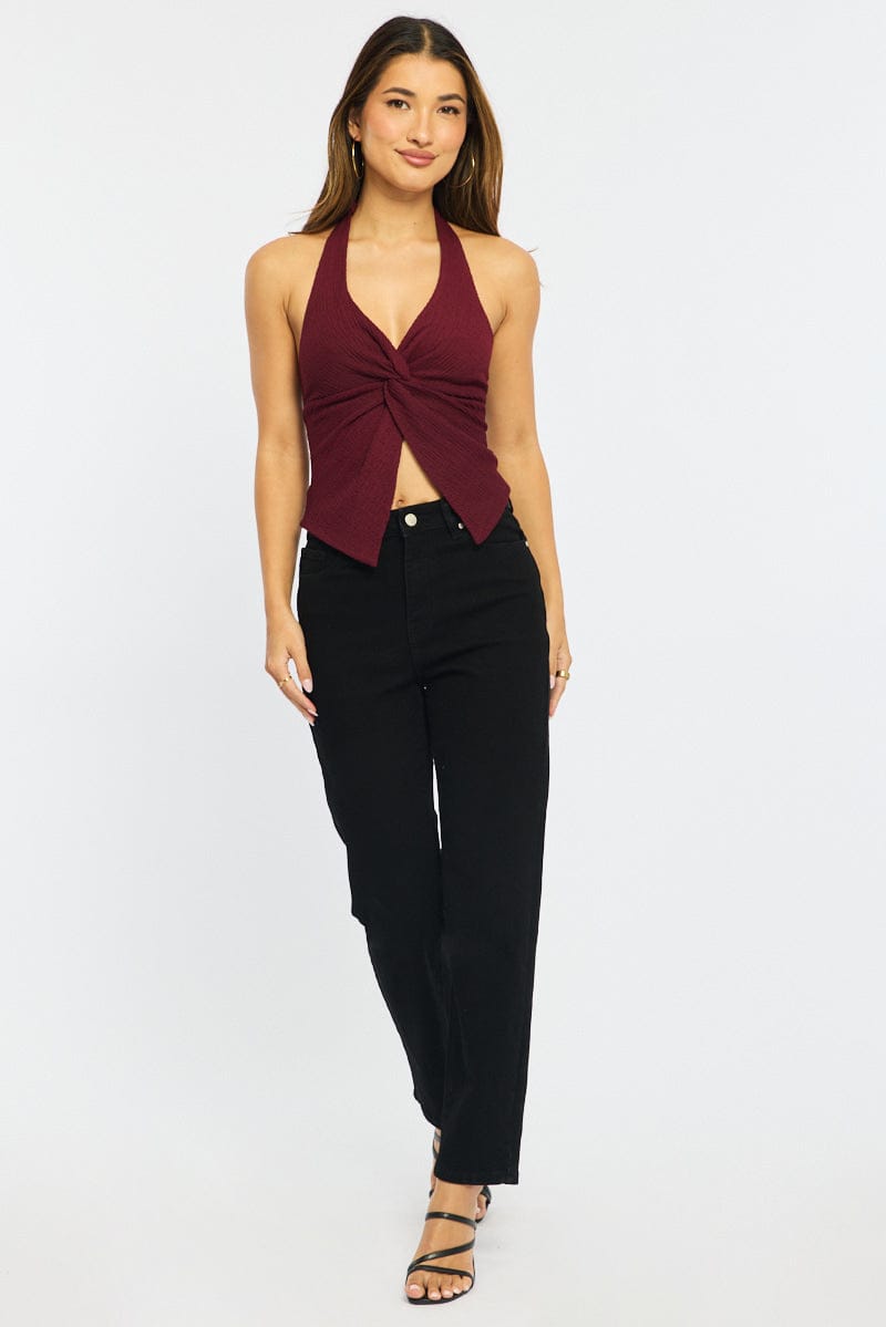 Red Halter Neck Top Textured for Ally Fashion