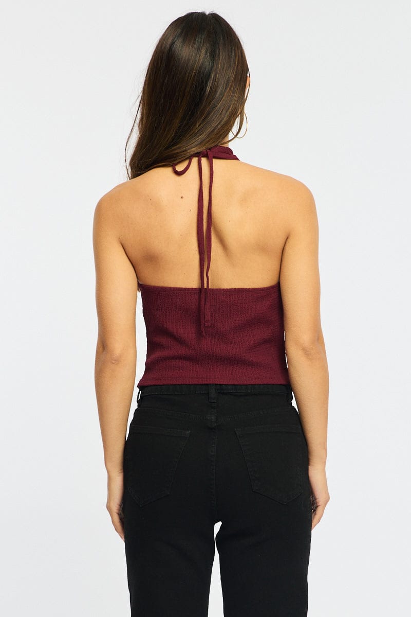 Red Halter Neck Top Textured for Ally Fashion