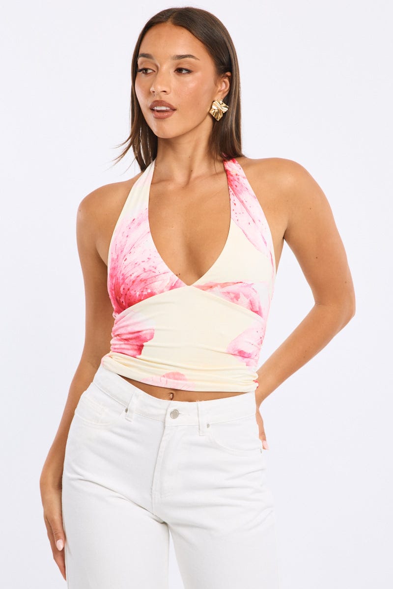 Yellow Floral Halter Neck Top for Ally Fashion