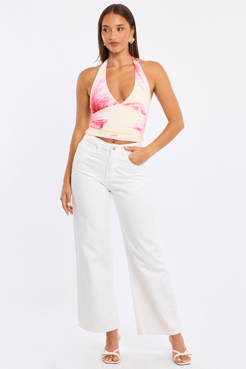Yellow Floral Halter Neck Top for Ally Fashion