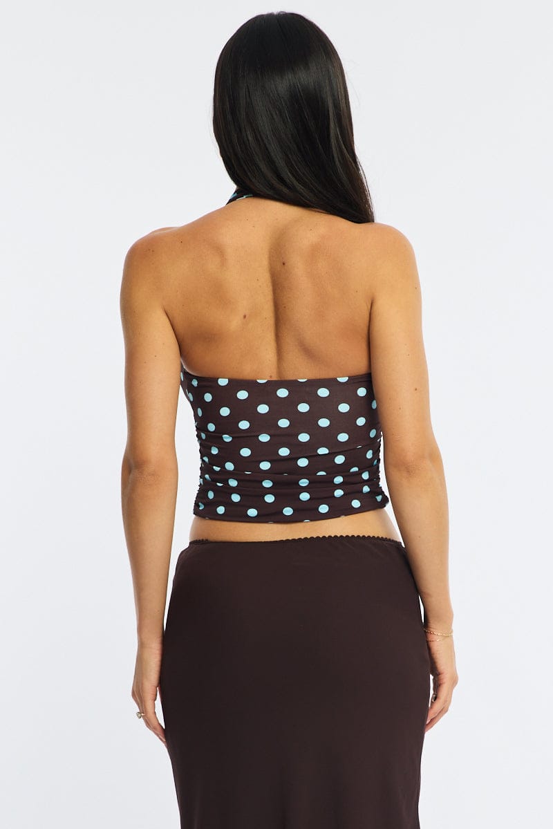 Brown Polka Dot Halter Neck Top for Ally Fashion