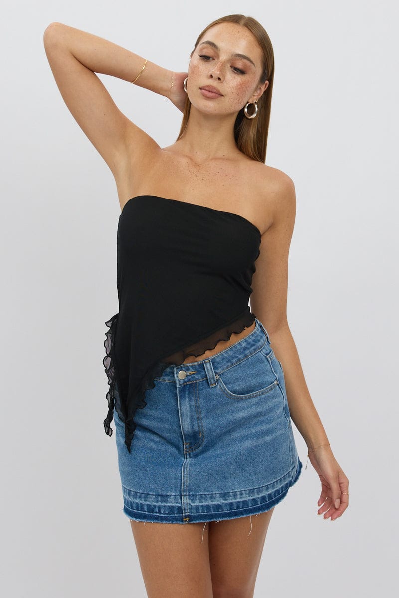 Black Bandeau Top Asymmetrical Ruffle Hem Mesh for Ally Fashion