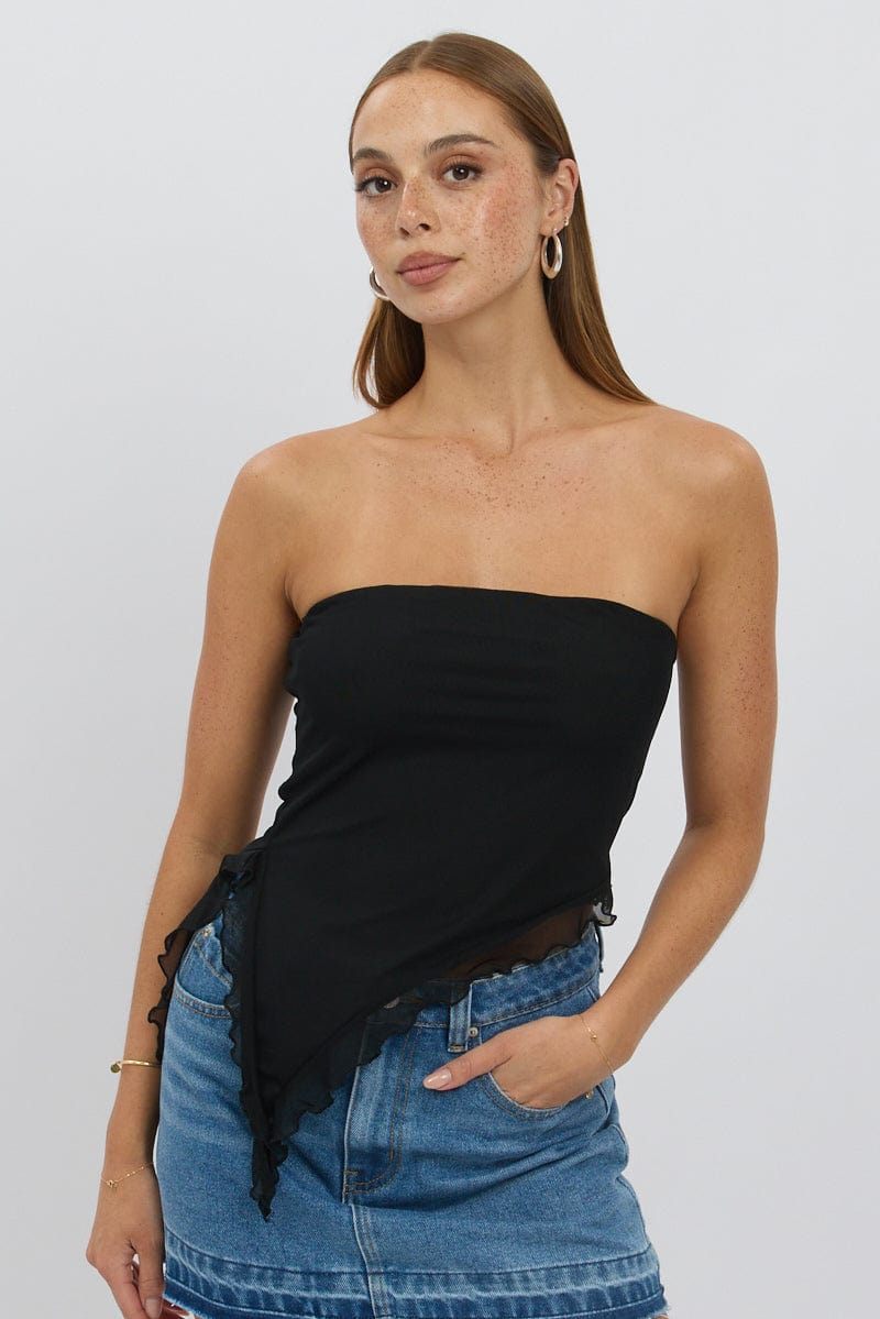 Black Bandeau Top Asymmetrical Ruffle Hem Mesh for Ally Fashion