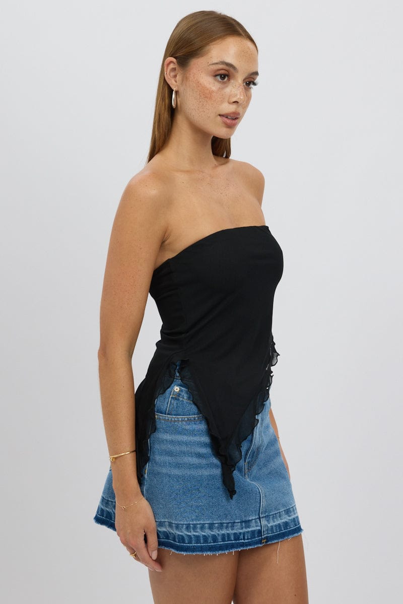 Black Bandeau Top Asymmetrical Ruffle Hem Mesh for Ally Fashion