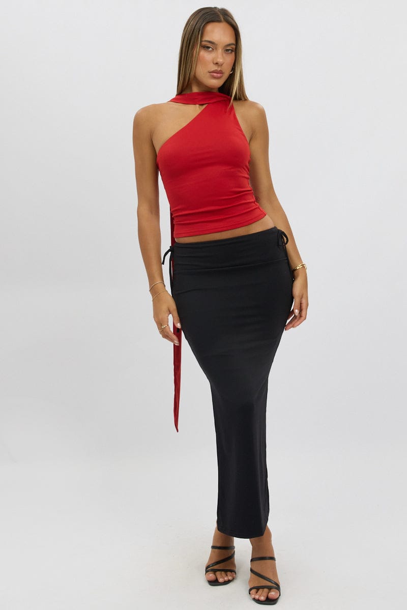 Red Color Rusher Shoulder Red One Shoulder Top Scarf Neck | Ally Fashion