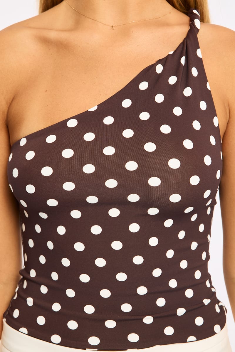 Brown Polka Dot One Shoulder Top for Ally Fashion
