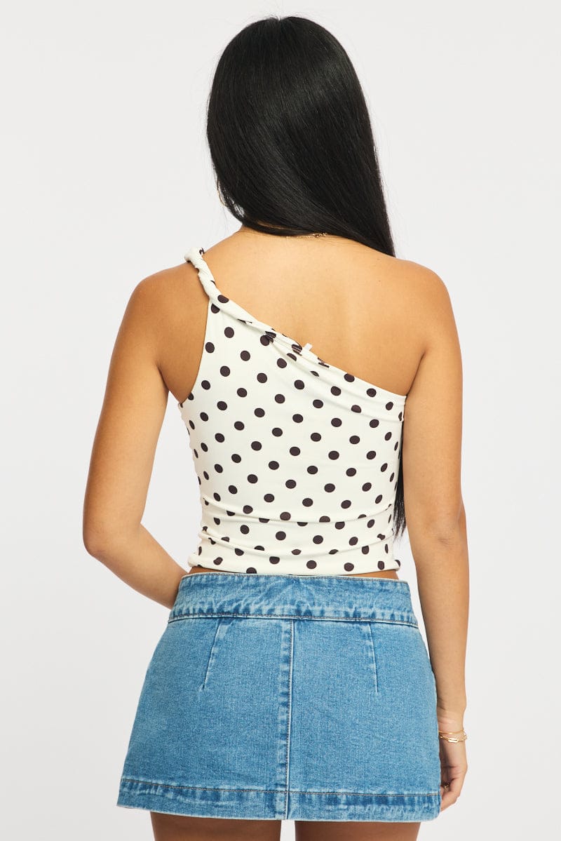 White Polka Dot One Shoulder Top for Ally Fashion