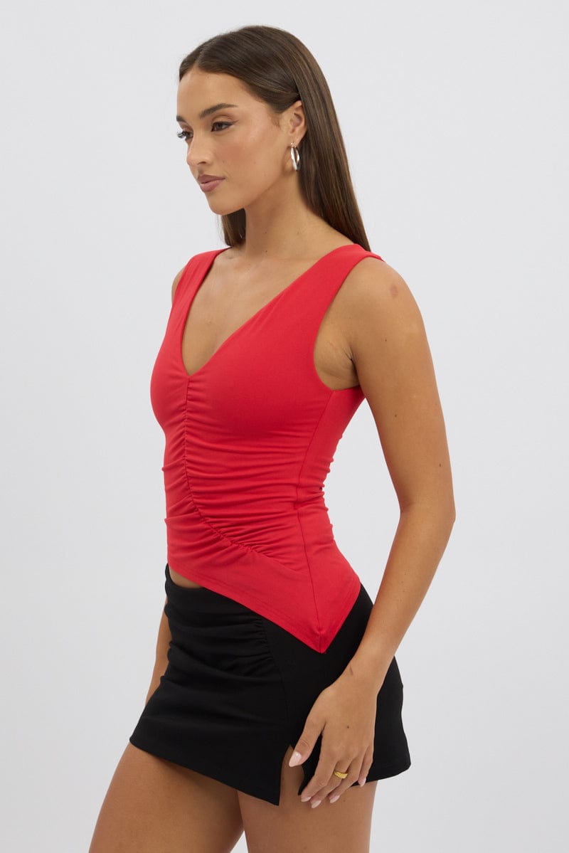 Red Sleeveless Top Asymmetric Hem for Ally Fashion