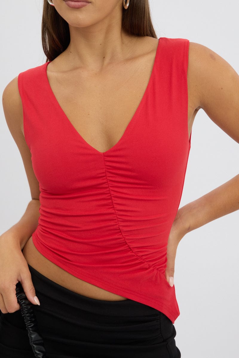 Red Sleeveless Top Asymmetric Hem for Ally Fashion