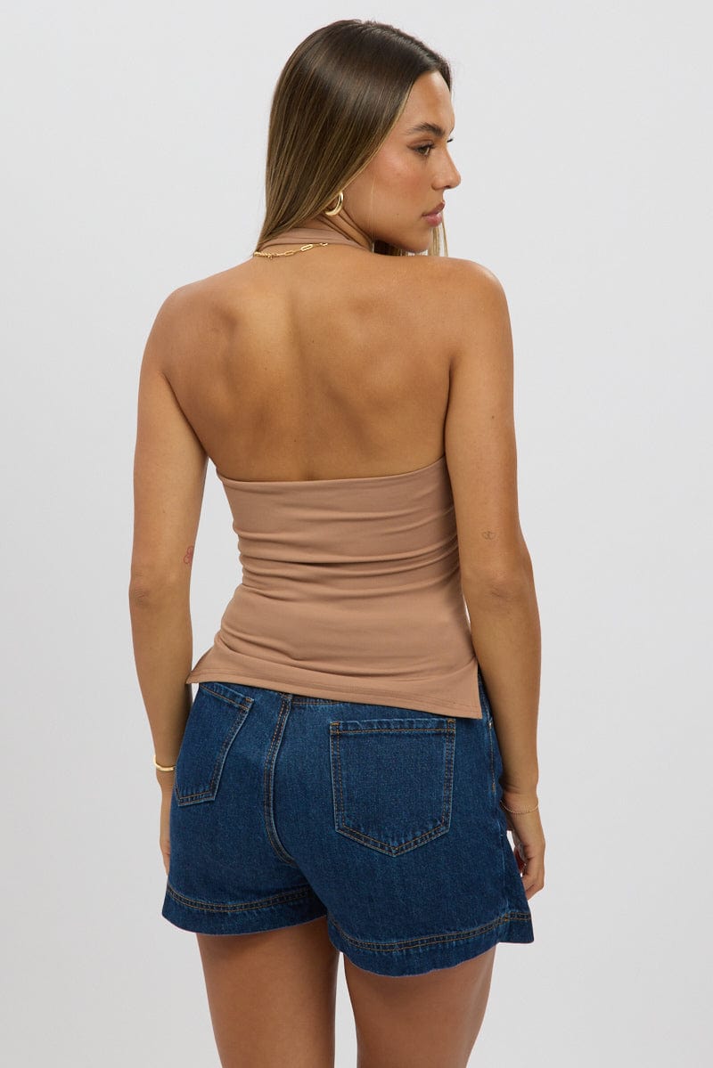 Brown Halter Neck Top Belted for Ally Fashion