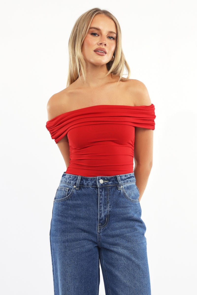 Red Off-Shoulder Bodysuit Supersoft from Ally Fashion