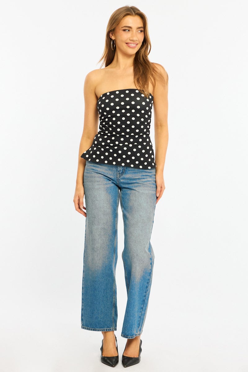 Black Polka Dot Bandeau Top Side Split for Ally Fashion
