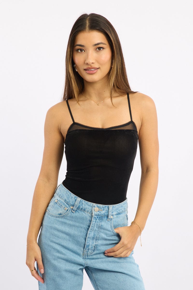 Black Singlet Bodysuit Velvet from Ally Fashion