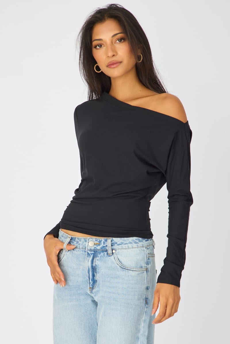 Black One Shoulder Top Long Sleeve for Ally Fashion
