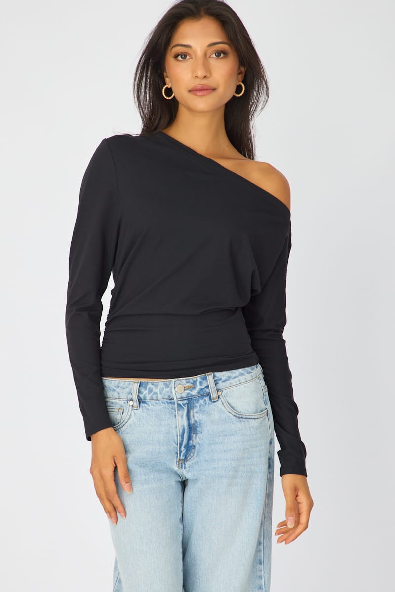 Black One Shoulder Top Long Sleeve for Ally Fashion