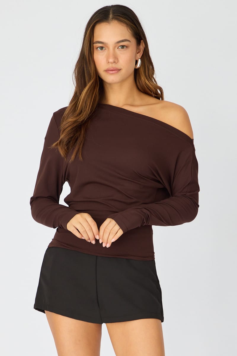 Brown One Shoulder Top Long Sleeve for Ally Fashion