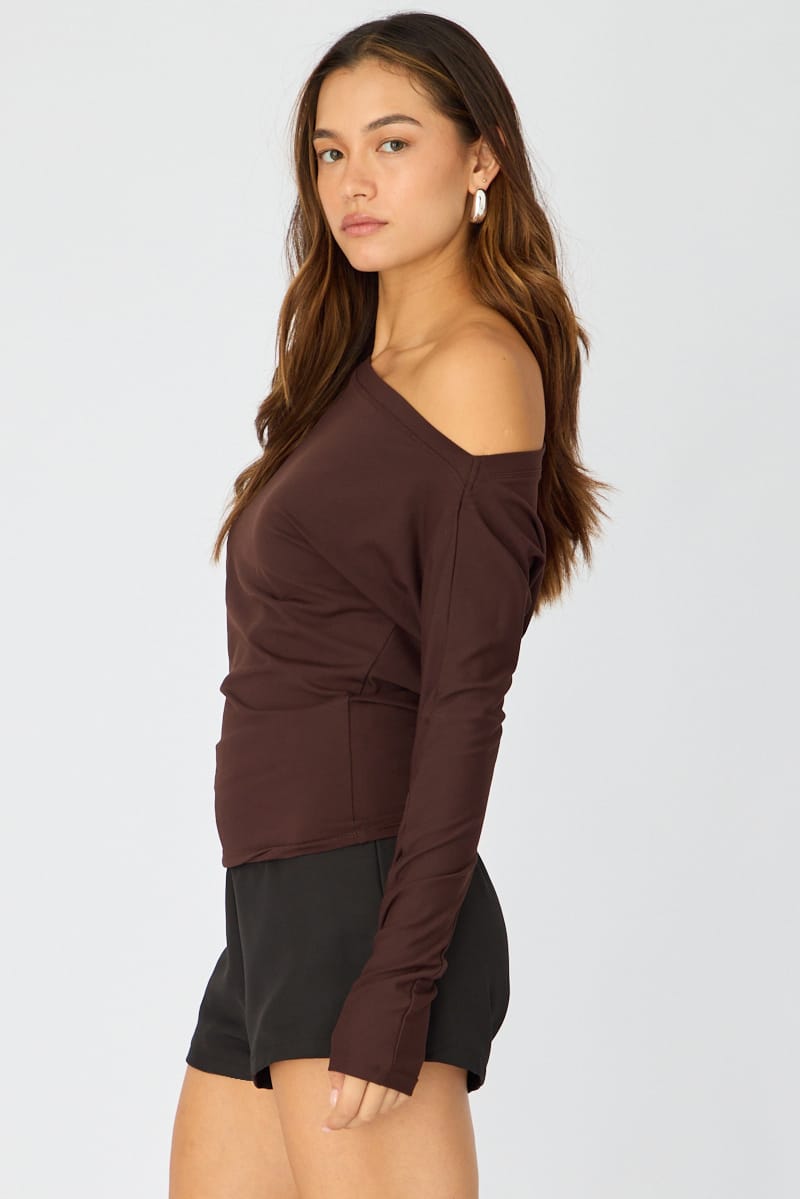 Brown One Shoulder Top Long Sleeve for Ally Fashion