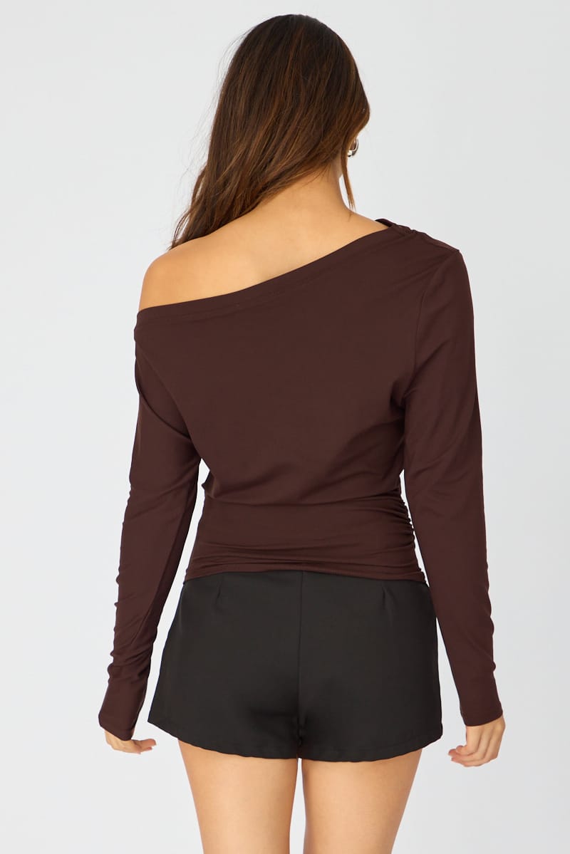 Brown One Shoulder Top Long Sleeve for Ally Fashion