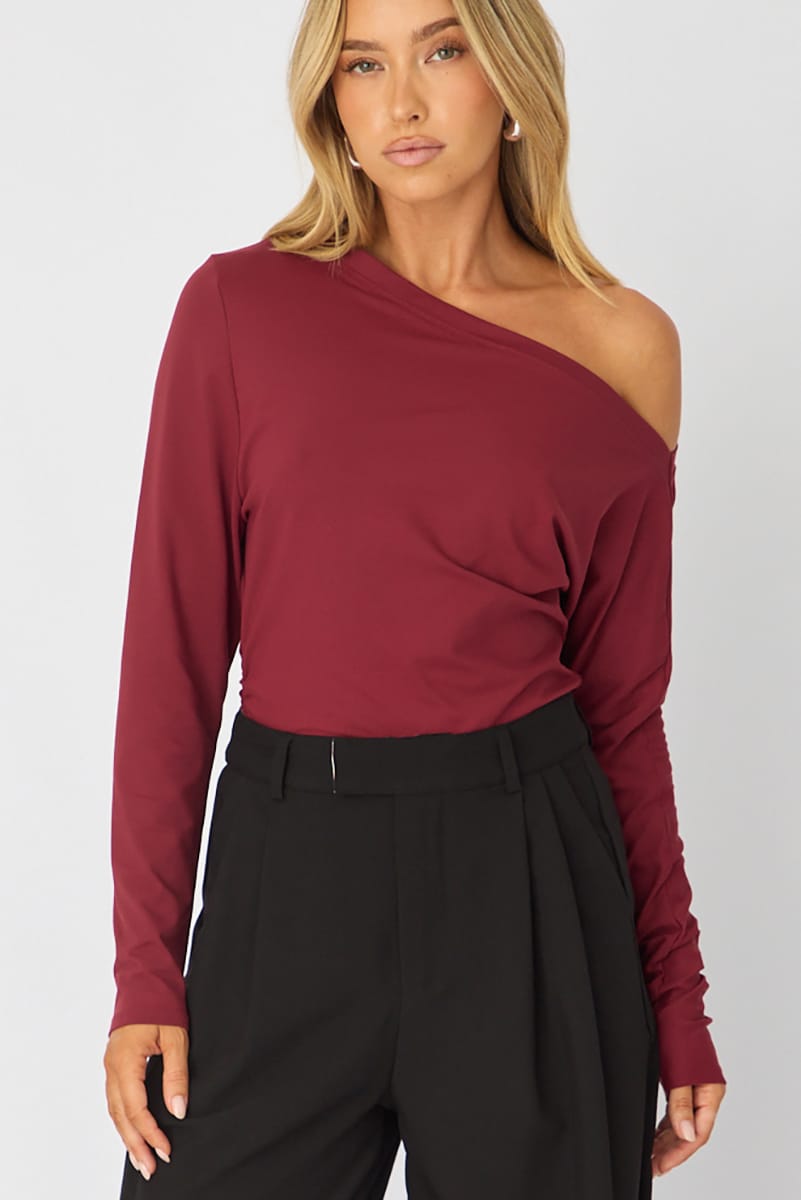 Red One Shoulder Top Long Sleeve for Ally Fashion