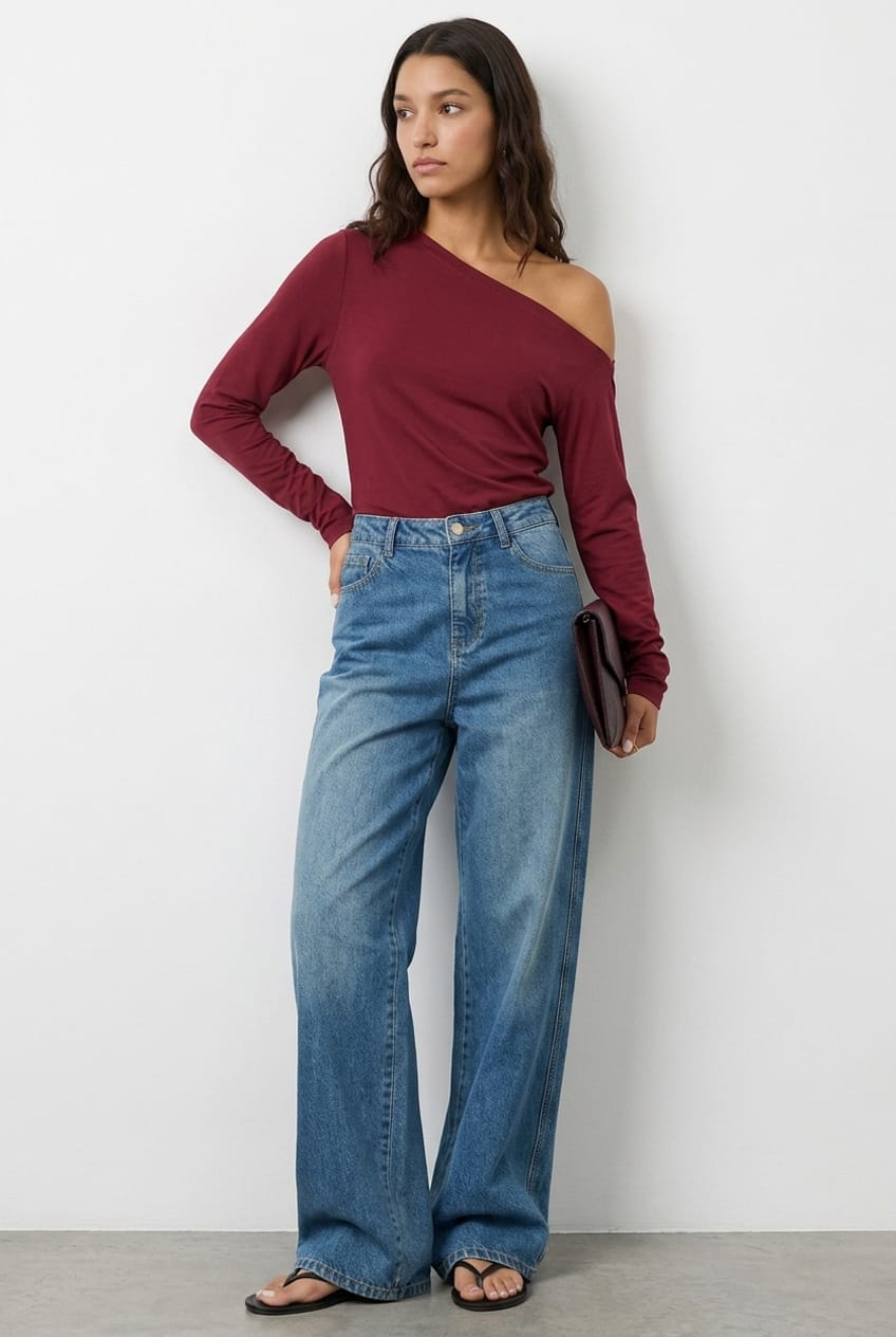 Red One Shoulder Top Long Sleeve for Ally Fashion
