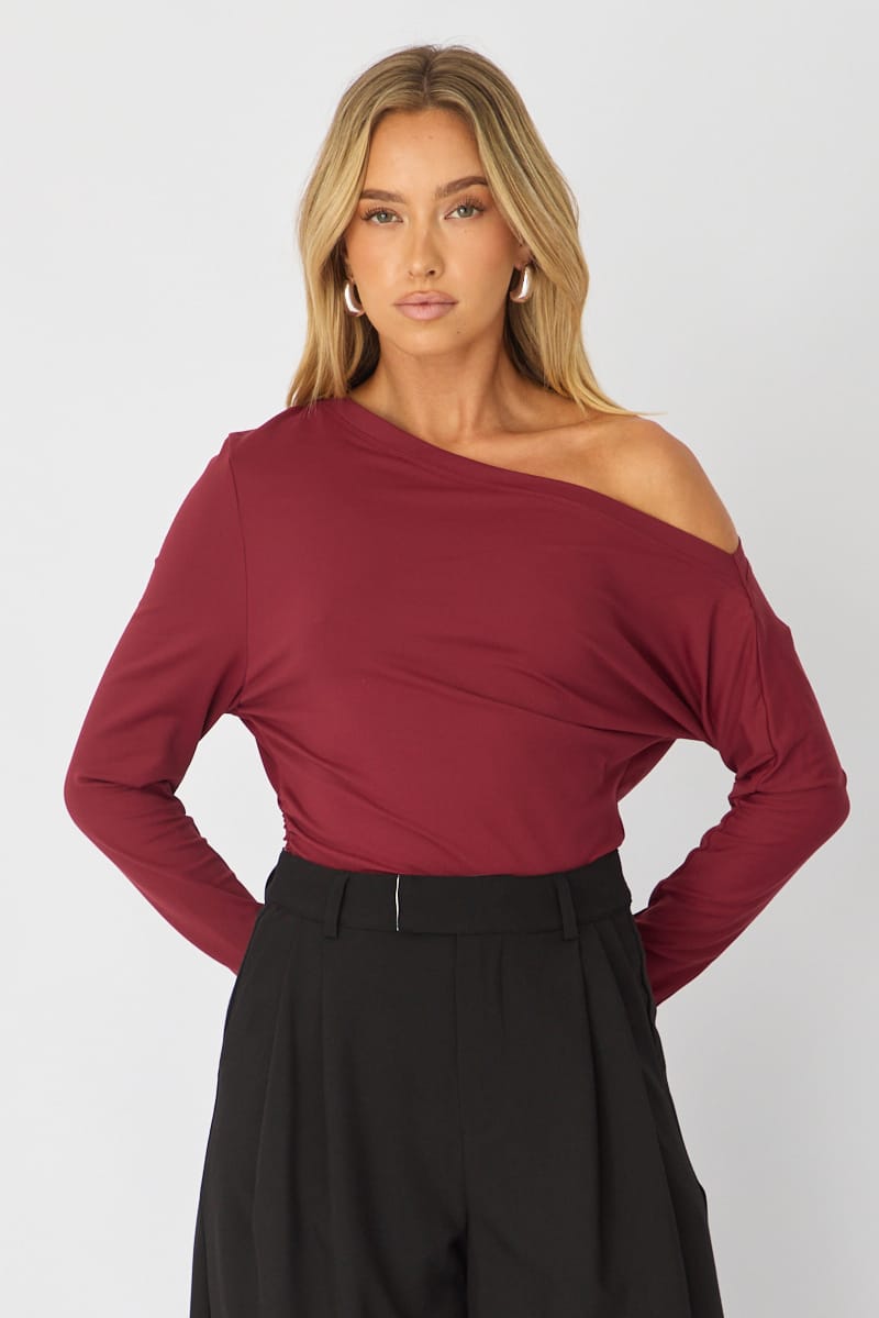 Red One Shoulder Top Long Sleeve for Ally Fashion