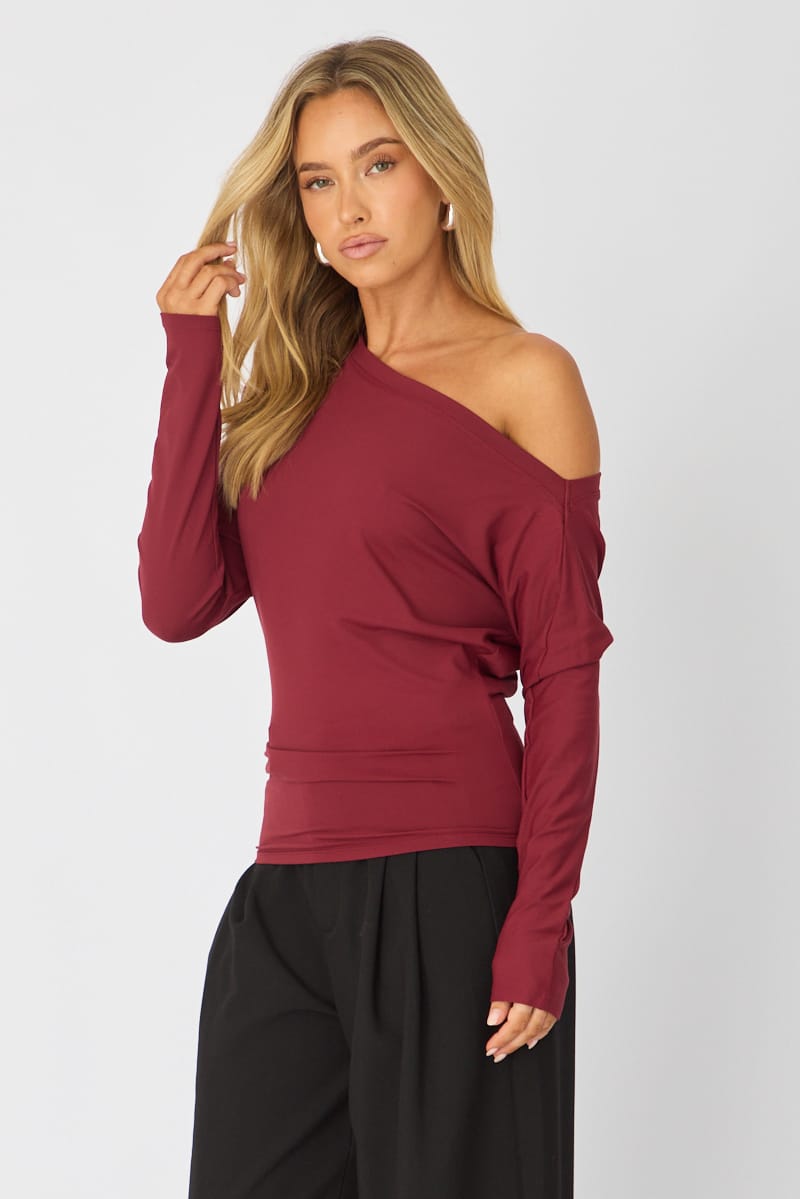 Red One Shoulder Top Long Sleeve for Ally Fashion