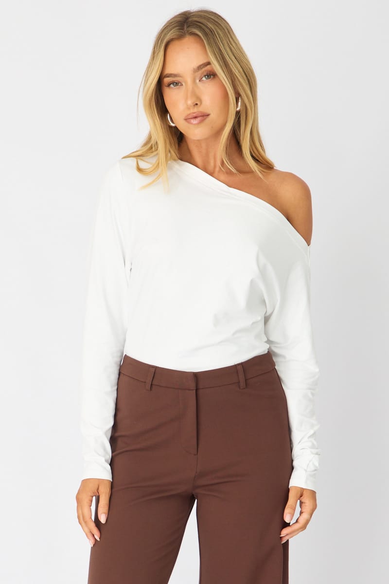White One Shoulder Top Long Sleeve for Ally Fashion