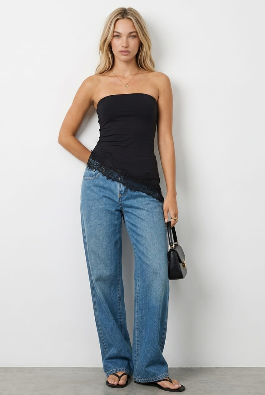 Black Asymmetrical Long Line Bandeau Top for Ally Fashion