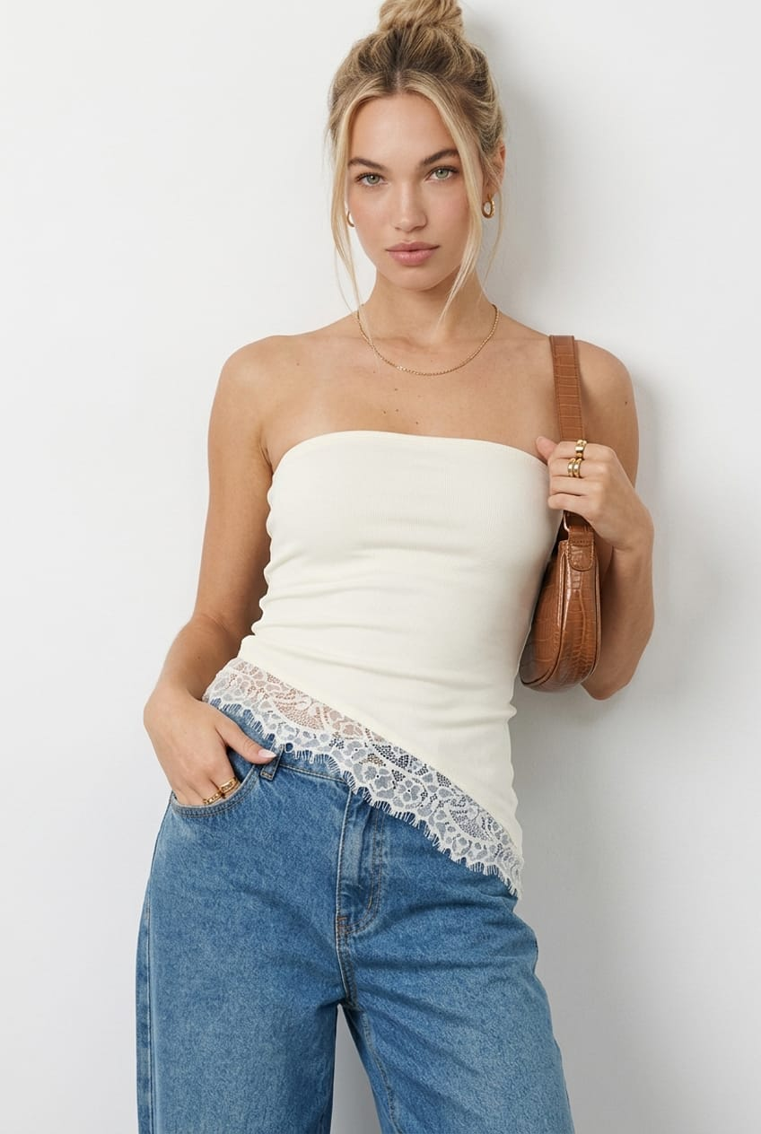 White Asymmetrical Long Line Bandeau Top for Ally Fashion
