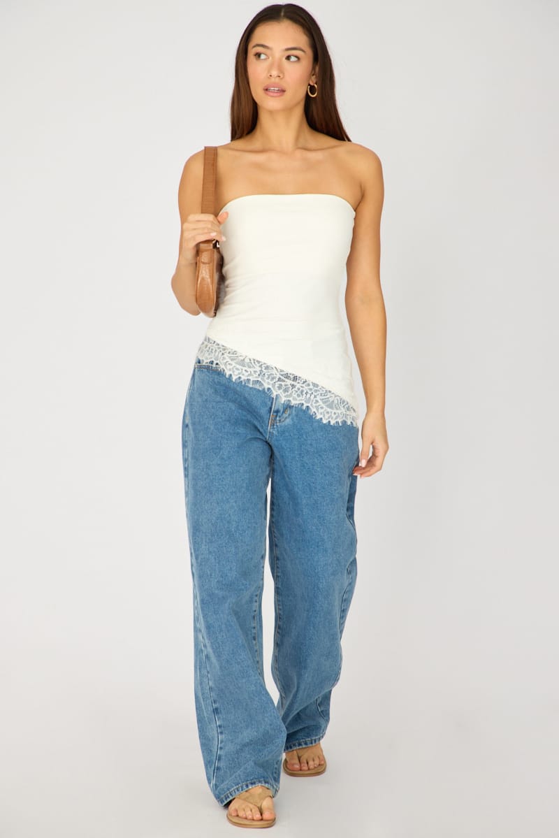 White Asymmetrical Long Line Bandeau Top for Ally Fashion