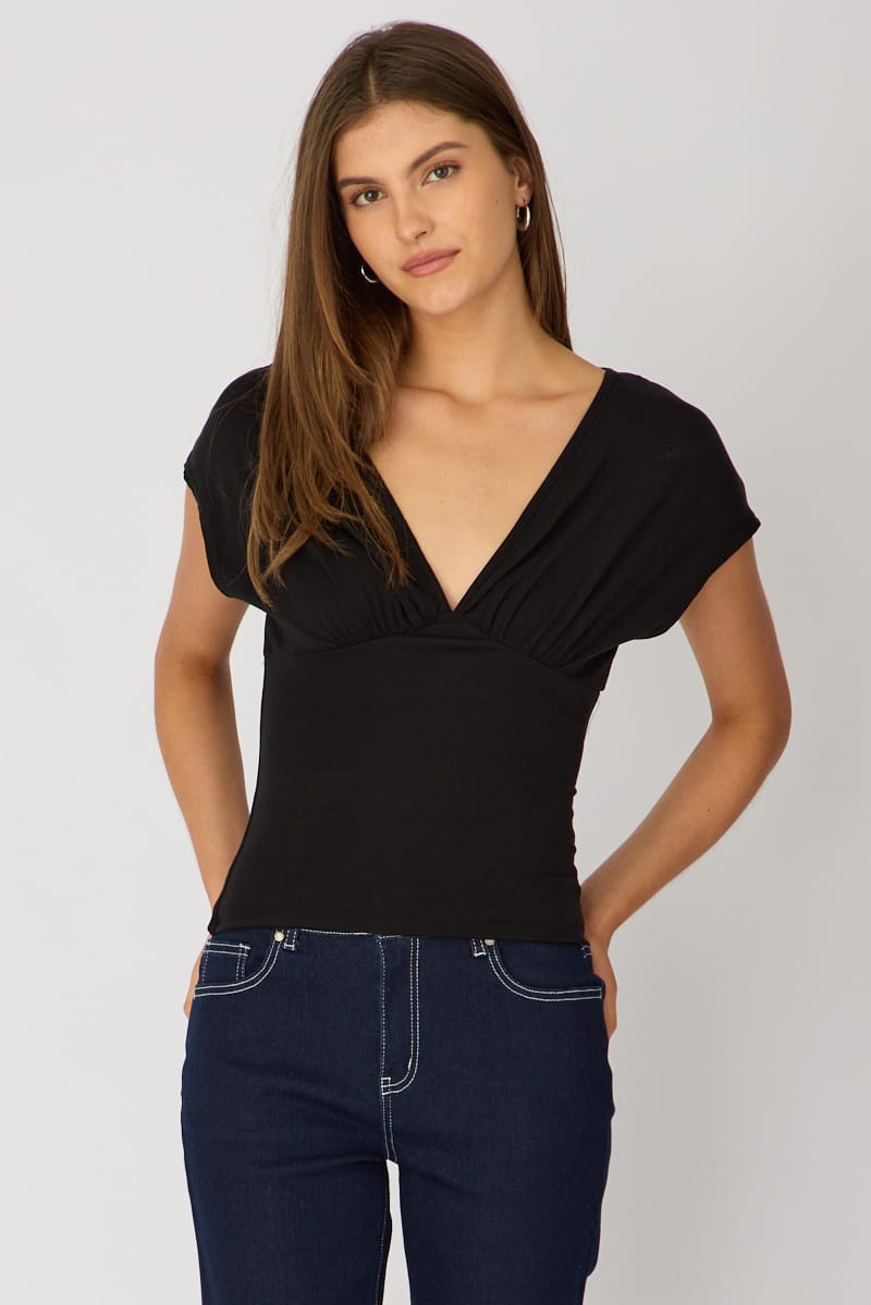 Black V-neck Top Short Sleeve for Ally Fashion