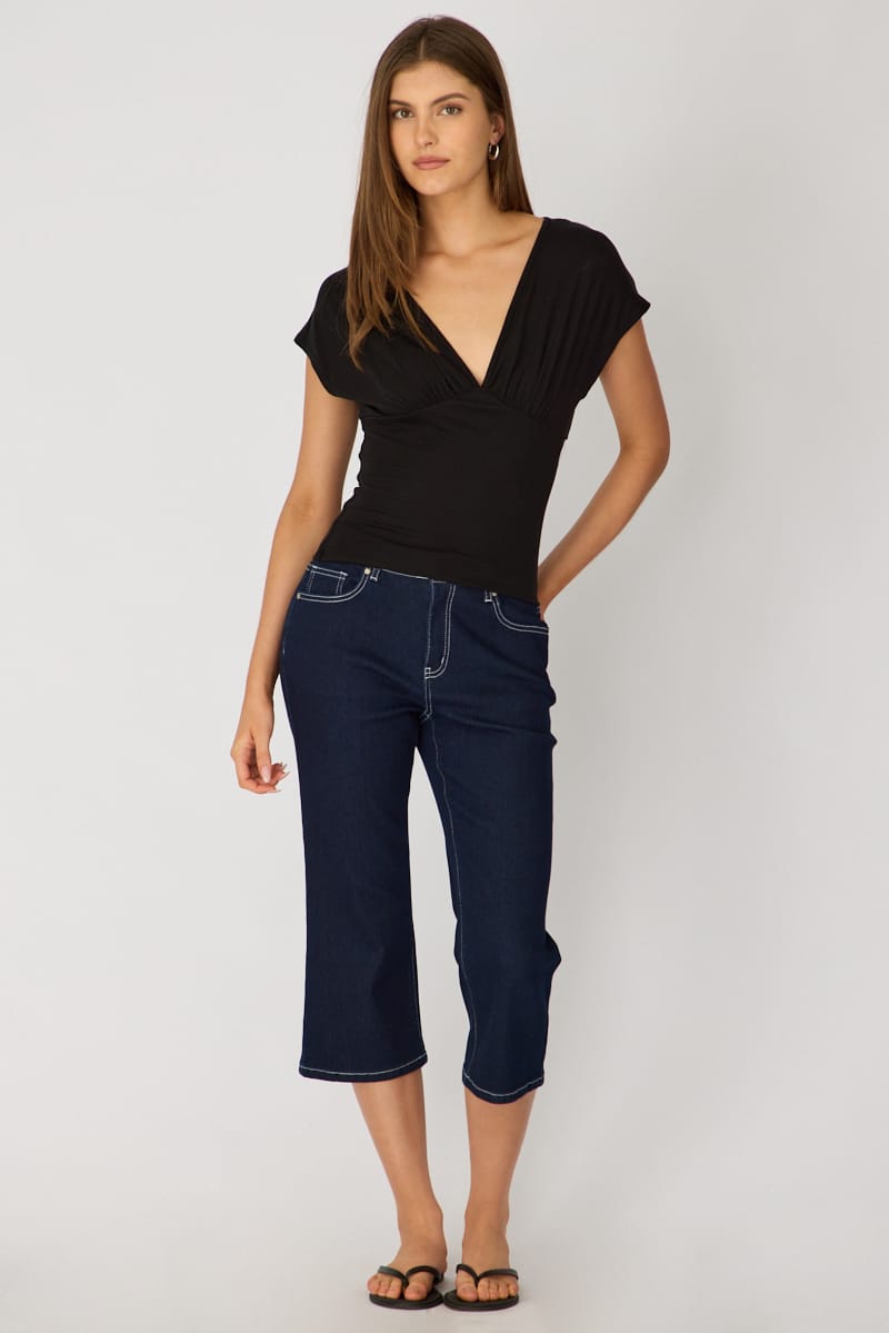Black V-neck Top Short Sleeve for Ally Fashion