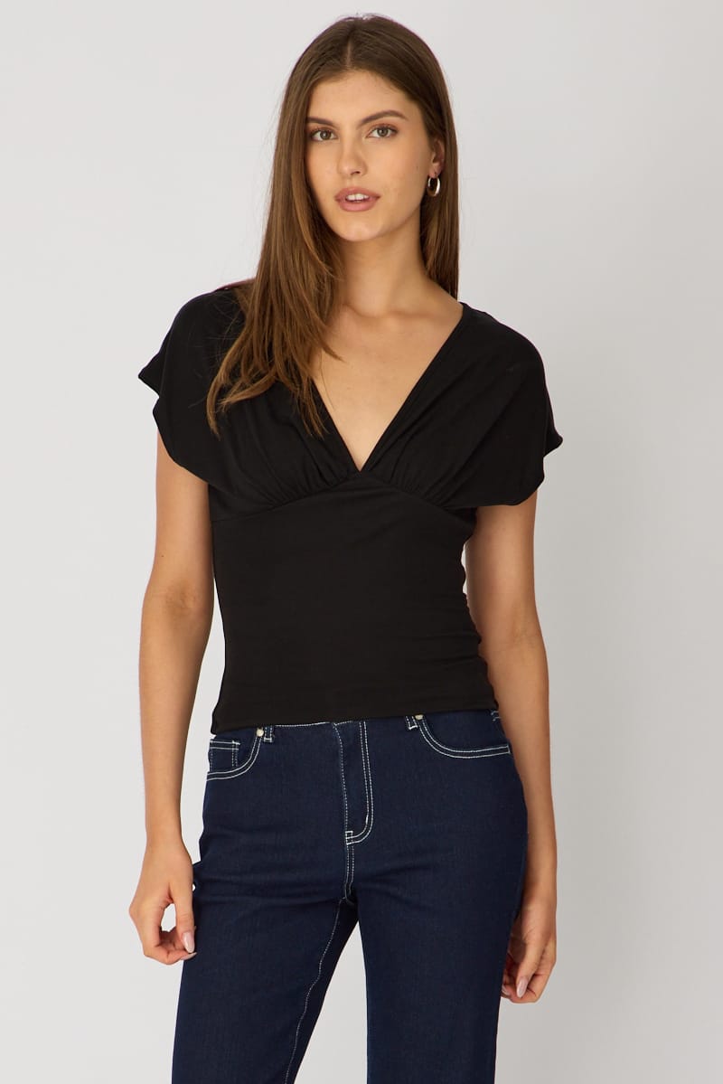 Black V-neck Top Short Sleeve for Ally Fashion