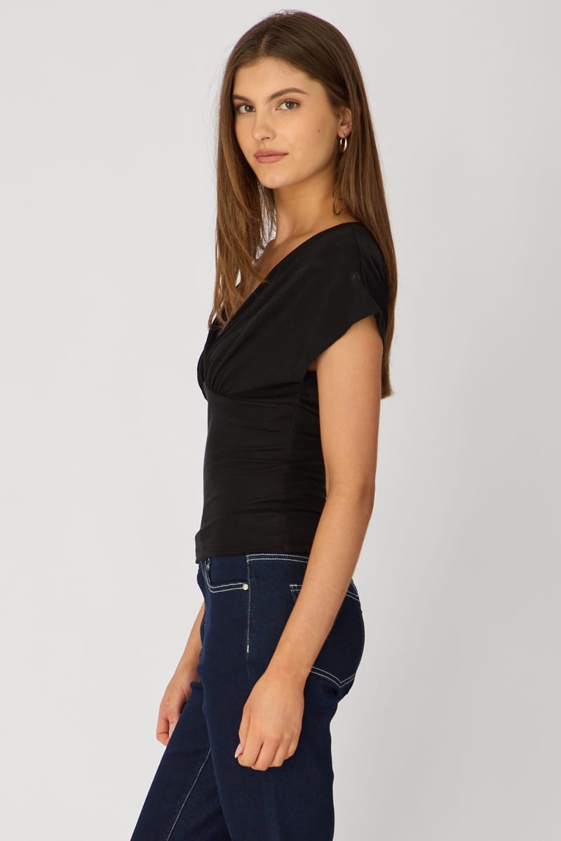 Black V-neck Top Short Sleeve for Ally Fashion