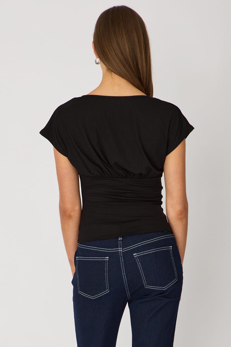 Black V-neck Top Short Sleeve for Ally Fashion