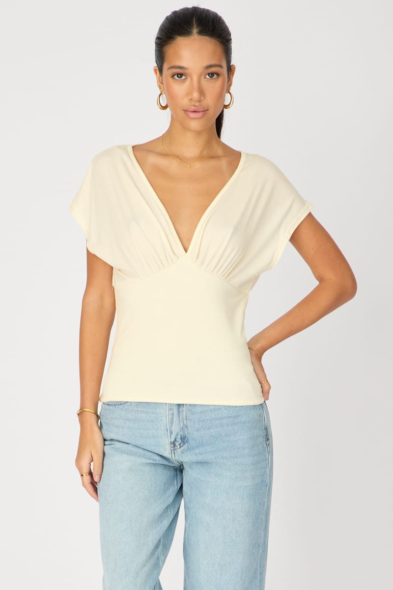 Yellow Short Sleeve V-neck Top for Ally Fashion