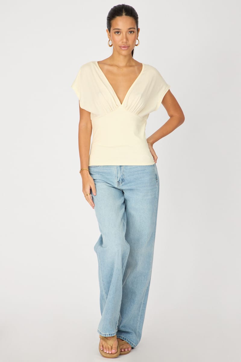 Yellow Short Sleeve V-neck Top for Ally Fashion