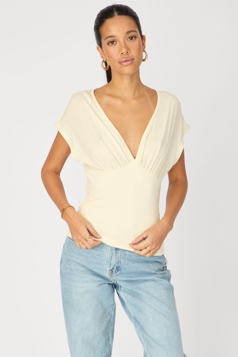 Yellow Short Sleeve V-neck Top for Ally Fashion