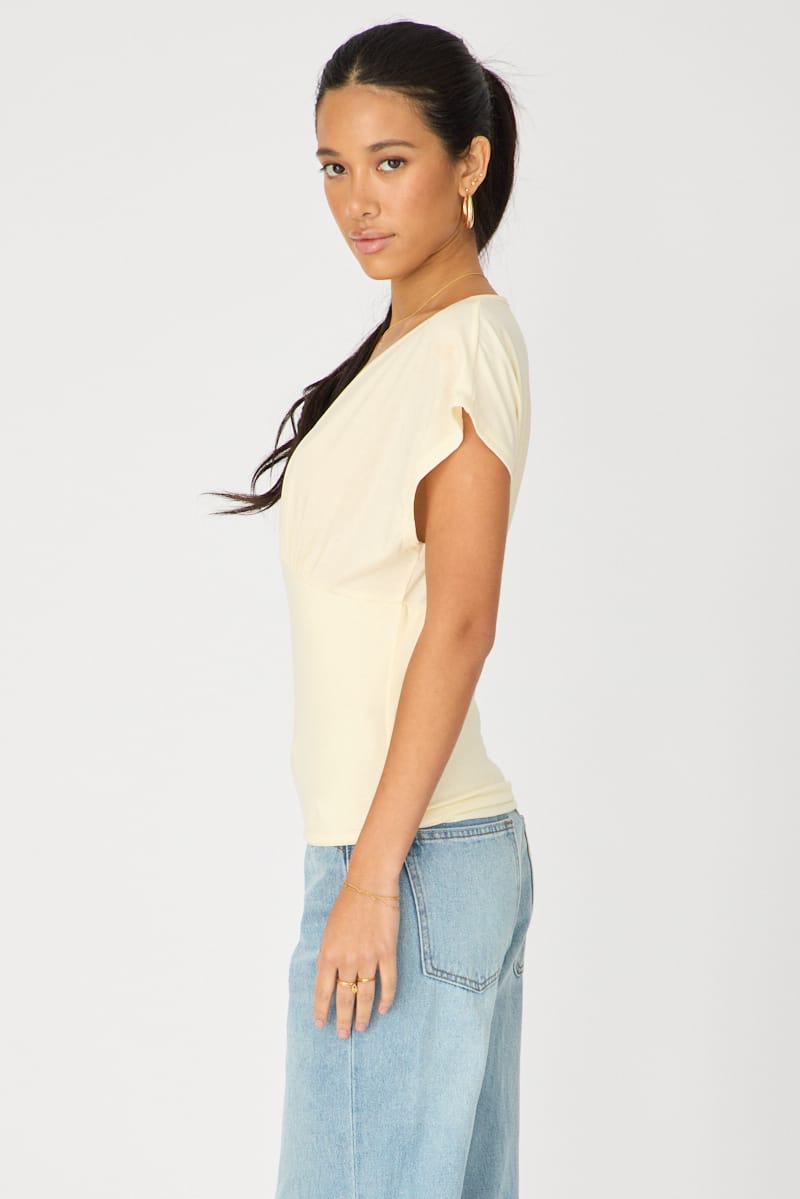 Yellow Short Sleeve V-neck Top for Ally Fashion