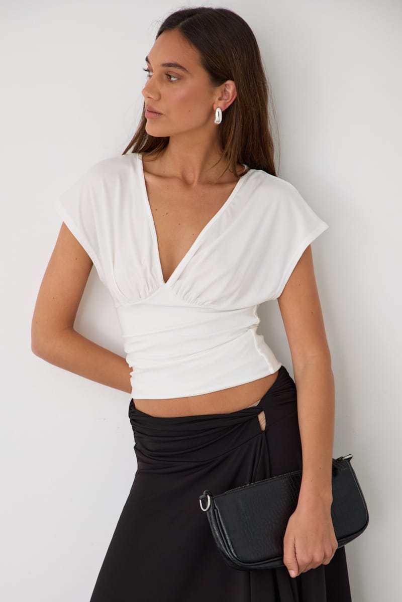 White Short Sleeve V-neck Top for Ally Fashion