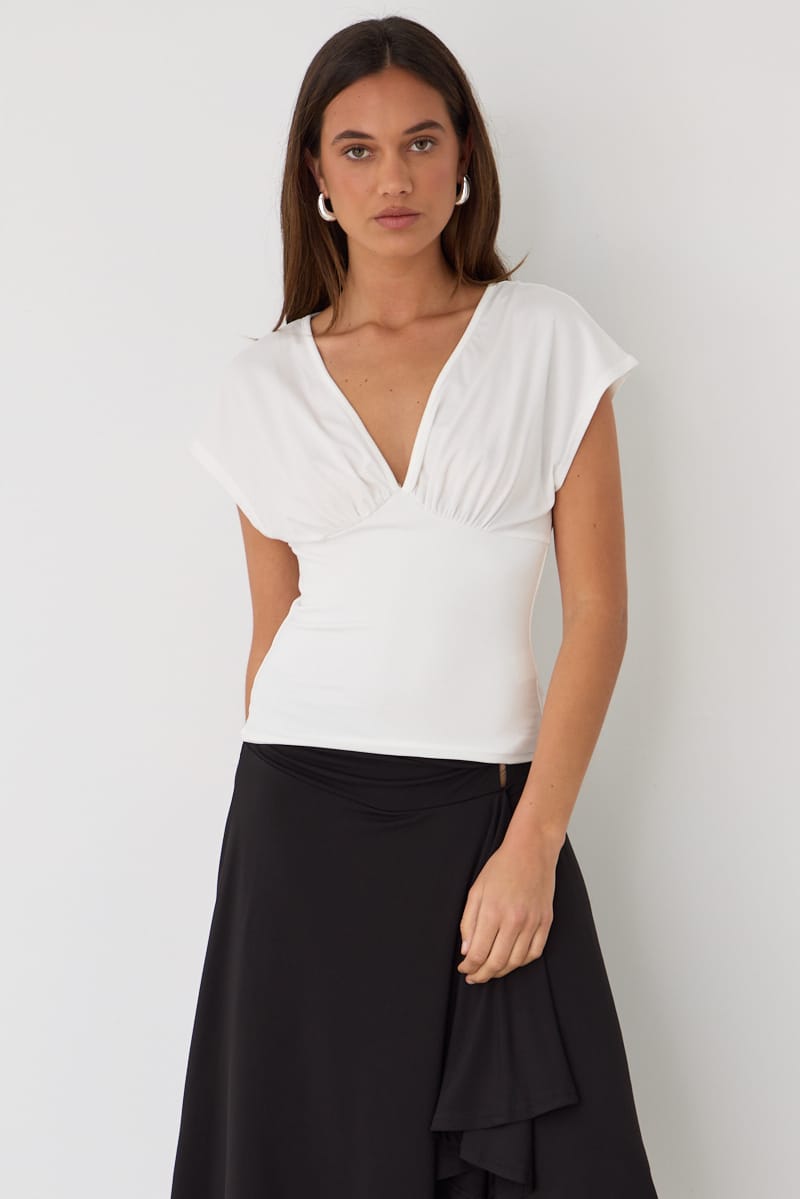 White Short Sleeve V-neck Top for Ally Fashion